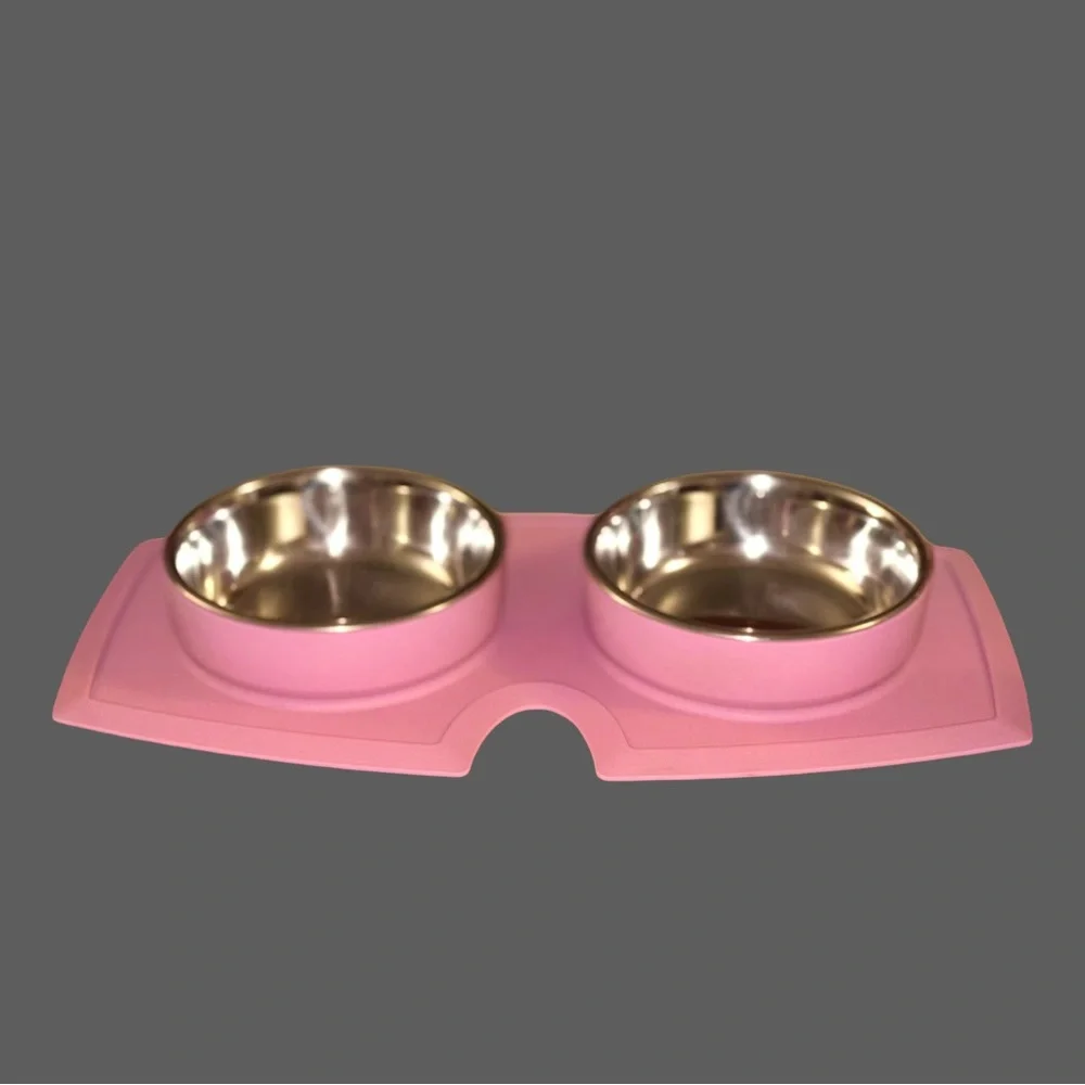EveryYay Silicone pink double diner stainless steel 2 cup, cat or dog set